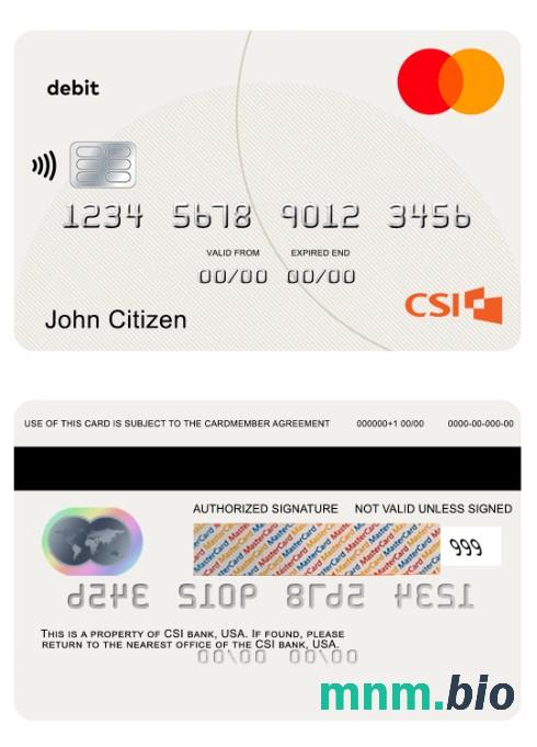 USA CSI bank debet przykład karty mastercard w formacie PSD